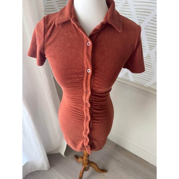 White Fox Women’s XS Rust Terry Cloth Ruched Mini Dress - Picture 2 of 8